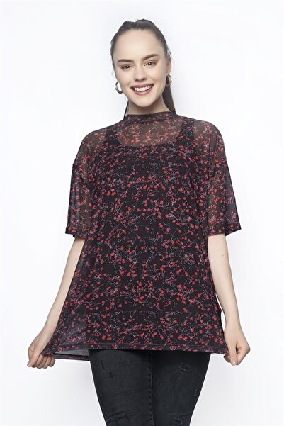 Miss Murem Kadın Siyah Kırmızı Çiçek Baskı Salaş Tül Bluz