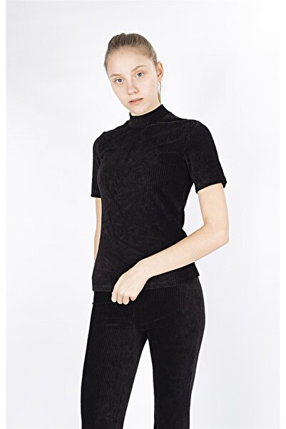 Miss Murem Kadın Siyah Dik Yaka Kadife Bluz