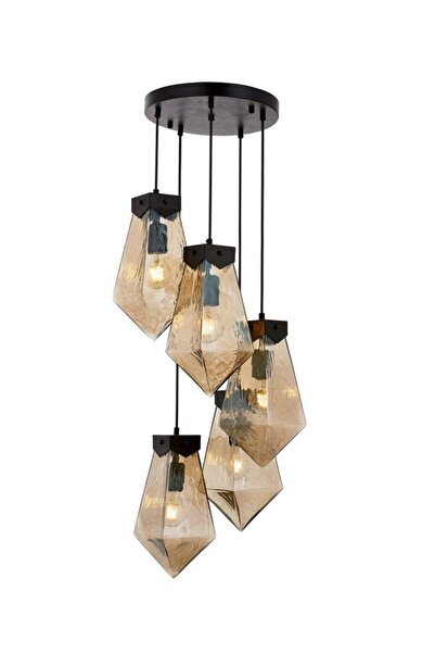 Tavcam Şah 5li Füme Renk Cam Siyah Tepsi Sarkıt Avize