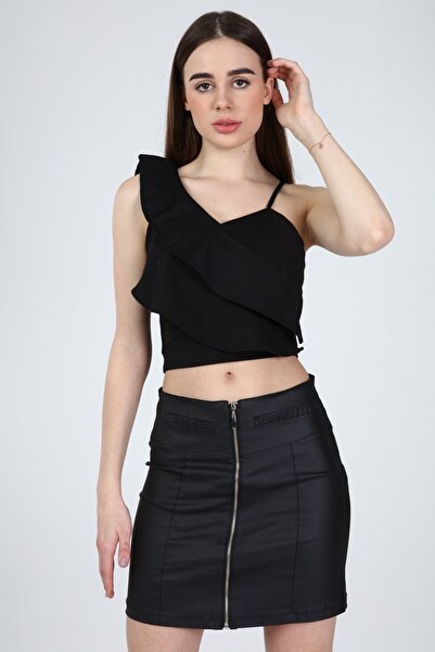 MAT Collection Kadın Siyah Tek Omuzu Ayarlanabilir Askılı Tek Omuzu Fırfırlı ...