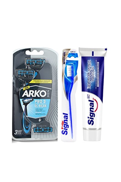 Arko Men Pro 3 Bıçak + Signal Beyazlatıcı Diş Macunu 75 ml + Diş Fırçası