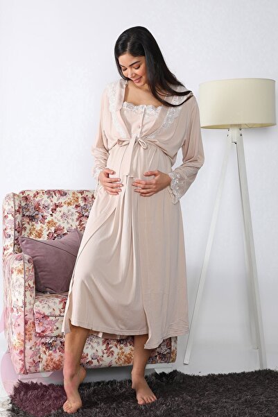 lohusahamile طقم ثوب نوم طويل للحوامل باللون البني الحليبي للنساء 2502