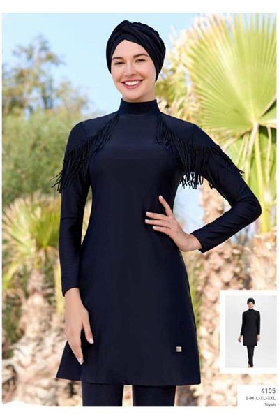 Adasea Women's Black Tassel Detailed Full Length Design Lycra Hijab Swimsuit