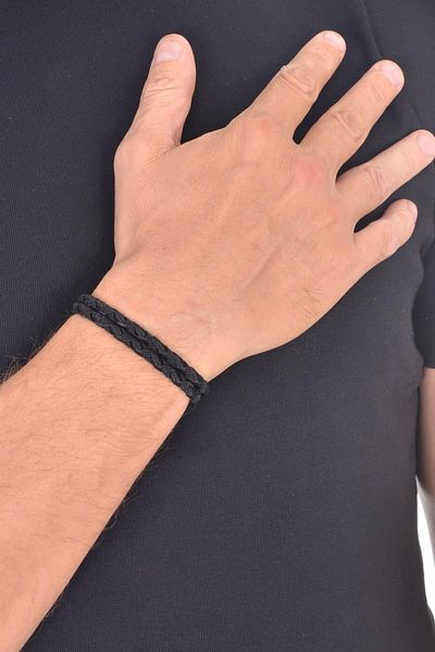 LABALABA Men's Black Color Knitted Textured Paracord Wrapped Bracelet