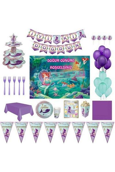 Parti Furyası Mermaid Luxury Birthday Party Supplies Set with Banners for 32 People