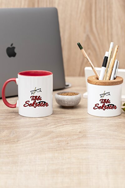 Procity Kırmızı Tıbbi Sekreter Baskılı Kupa Bardak ve Kalemlik