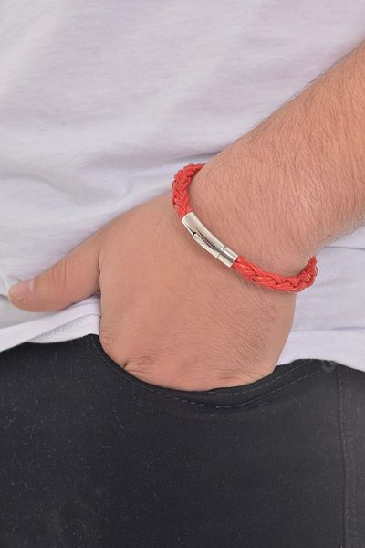 LABALABA MEN'S RED KNITTED LEATHER BRACELET