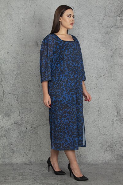 Şans Γυναικείο φόρεμα με σκίσιμο μεγάλο μέγεθος Saks Τετράγωνος γιακάς χωρίς φόδρα 65n20276