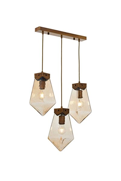 Tavcam Şah 3'lü Bal Renk Cam Eskitme Sıralı Sarkıt Avize