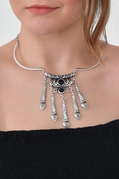 LABALABA KADIN ANTİK GÜMÜŞ KAPLAMA SİYAH BONCUKLU KOLYE