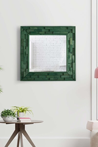 bluecape Jenga Yeşil Doğal Ağaç Masif 58x58 Cm Tahta Parçacıklı Dekoratif Ayna