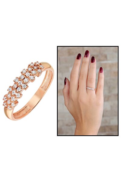 Tesbihane Zirkon Taşlı Kalbimin Kilidi Tasarım Rose Renk 925 Ayar Gümüş Bayan Yüzük