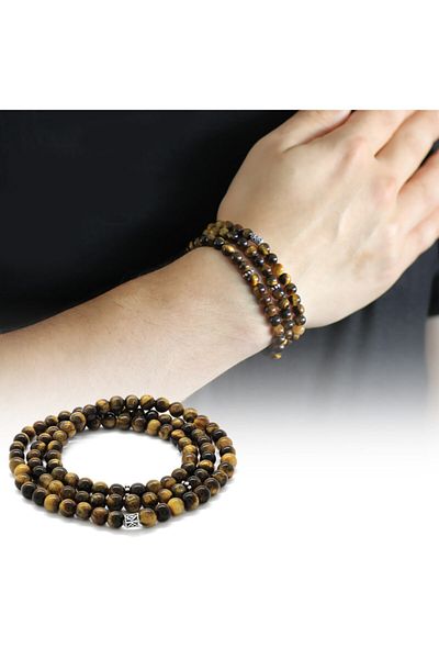Tesbihane Both Bracelet - Both Necklace - And Rosary 99 Pieces Tiger Eye Natural Stone Accessory
