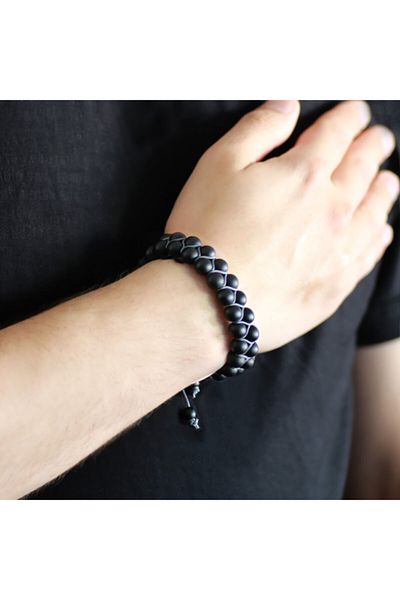 Tesbihane Gray Macrame Braided Sphere Cut Double Row Onyx Natural Stone Bracelet