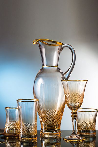 KCD Antique Yellow 61 Piece Glass Tableware Presentation Dowry Set Water Cup Set Cutting Hand Decor