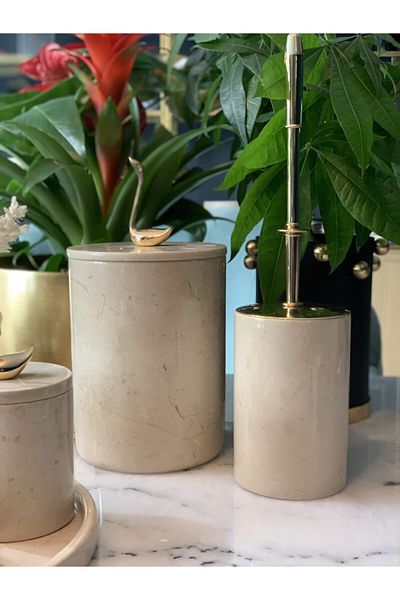 mar&more Aliza Art Design Beige Marble Swan Trash Can and Toilet Brush