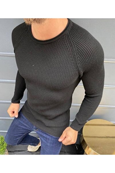 Thebomb Men's Black Crew Neck Steel Knit Slimfit Knitwear Sweater