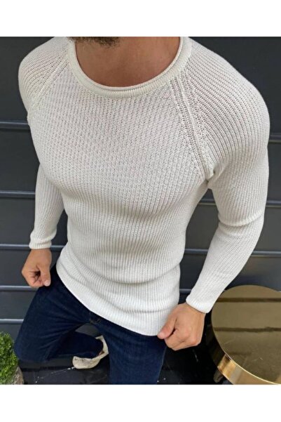 Thebomb Men's White Crew Neck Steel Knit Slimfit Knitwear Sweater