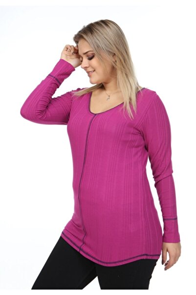 Seamoda Γυναικεία φούξια μπλούζα με αντίθεση με ραφές με λαιμόκοψη V