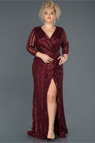 Abiyefon Women's Burgundy Long Leg Low-cut Sequin Sequined Plus Size Evening Dress Abu1043