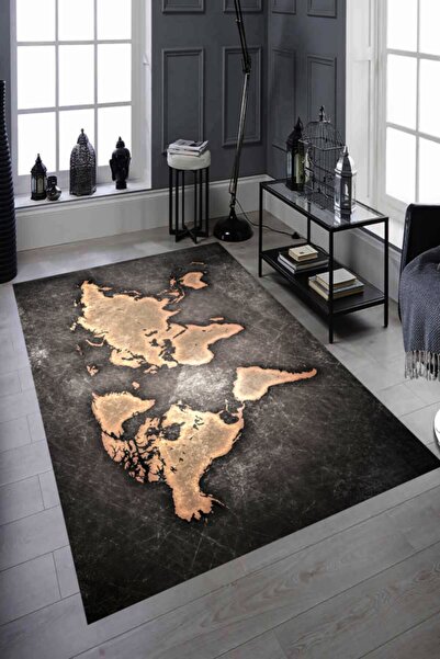 MODANOİVA Gri Zemin Dünya Haritası Dijital Baskılı Halı Mrc2160