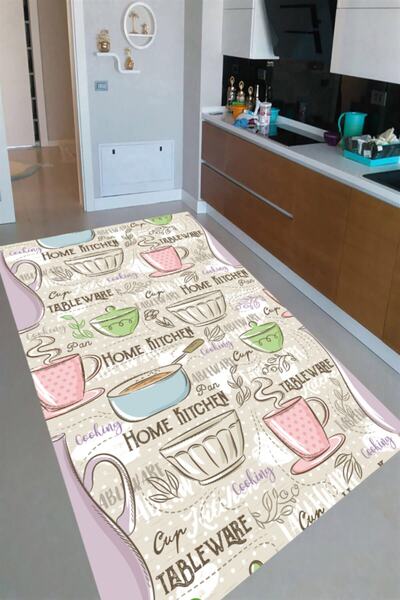 MODANOİVA Pastel Renkler Mutfak Çizimi Desenli Dijital Baskılı Halı Mrc2380