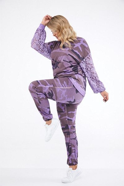 Seamoda Pantaloni de trening pentru femei, cu model de camuflaj liliac, spălat cu ulei