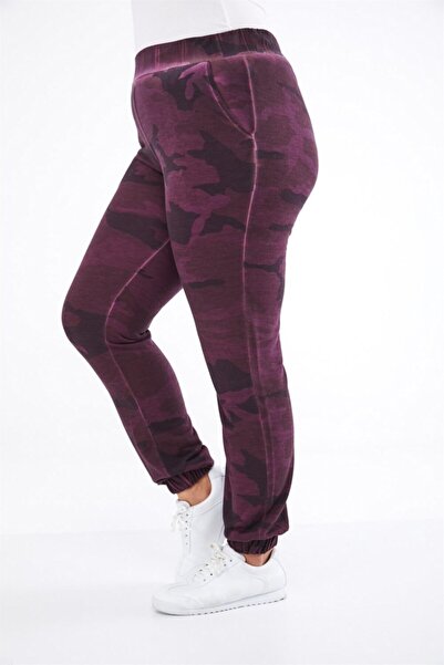 Seamoda Women's Plum Camouflage Pattern Oil Washed Leg Elastic Sweatpants