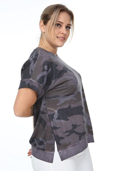 Seamoda Γυναικείο μωβ μοτίβο παραλλαγής με σχισμές στο πλάι κοντομάνικο λαδιό πλύσιμο φούτερ