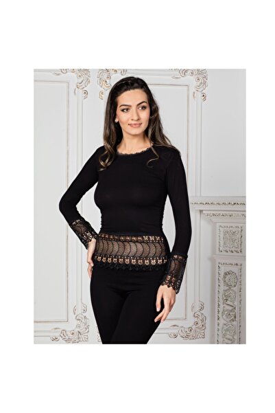 sıla sella Women's Black Navel Lace Long Sleeve Blouse