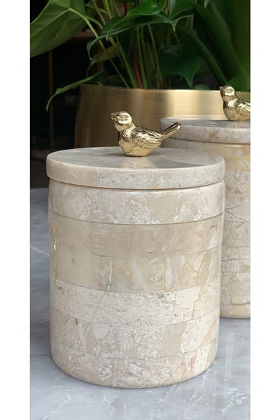 mar&more Beige Marble Box with Bird Figure and Lid 11 cm