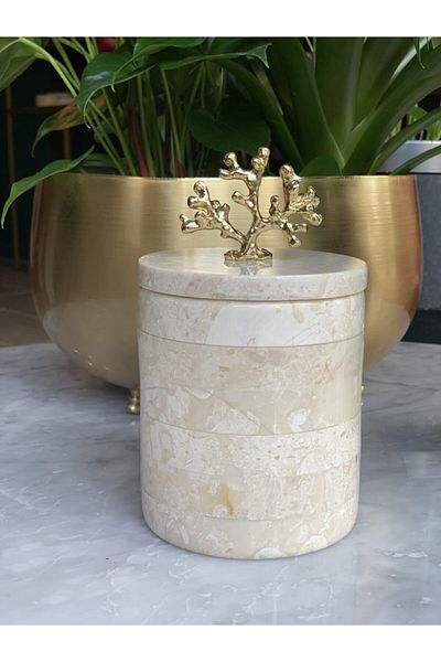 mar&more Beige Gold Coral Figured Marble Box with Lid 9 cm