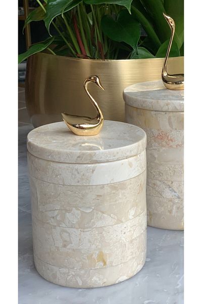 mar&more Beige Swan Figured Beige Marble Box with Lid 11 cm