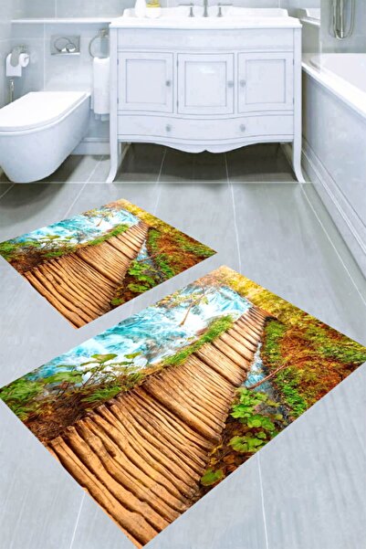 Resmiro Üç Boyutlu Tahta Köprü Desenli 2li Banyo Paspası (50x60 Cm - 60x100 Cm)