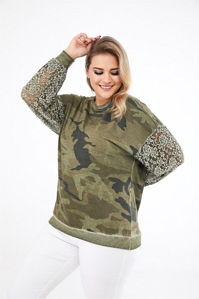 Seamoda Women's Khaki Camouflage Pattern Sleeve Lace Plus Size Sweatshirt