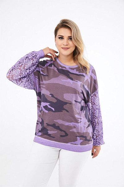 Seamoda Hanorac de damă, liliac, cu model de camuflaj, cu mâneci, cu volan, mărime mare