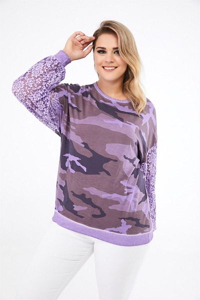 Seamoda Hanorac de damă, liliac, cu model de camuflaj, cu mâneci, cu volan, mărime mare
