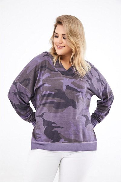 Seamoda Hanorac de damă violet deschis cu model de camuflaj de mărime mare, cu plăcuță la guler și fante