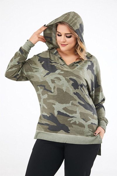 Seamoda Women's Khaki Camouflage Pattern Plus Size Sweatshirt with Collar Collar and Slit