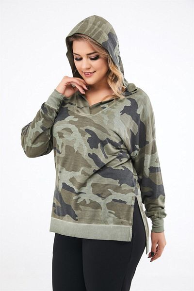 Seamoda Women's Khaki Camouflage Pattern Plus Size Sweatshirt with Collar Collar and Slit