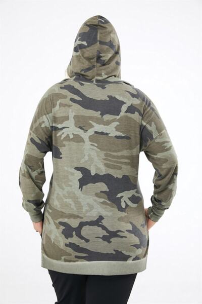 Seamoda Women's Khaki Camouflage Pattern Plus Size Sweatshirt with Collar Collar and Slit