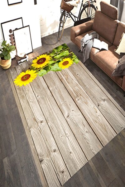 MODANOİVA Tahta Zemin Ayçiçek Desenli Dijital Baskılı Halı Mrc2412