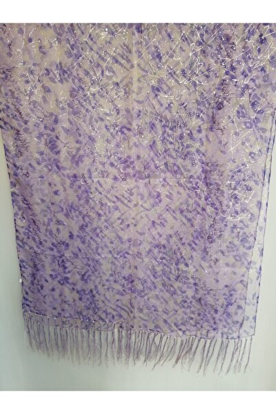 Butik Tülin Otantik İpek Şifon Altın Yaldızlı Lila Desenli Püsküllü Dikdörtge...