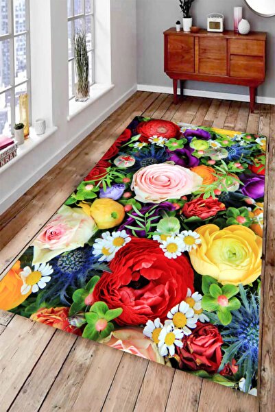 MODANOİVA Gül Papatya Ve Sümbüller Dijital Baskılı Halı Mrc1918