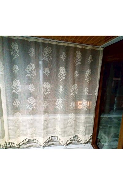 Mandaş Buldan Tül Perde El Işi Dantelli Naturel Gül Çiçek Desen(190X100)