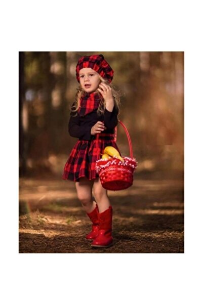 3 Çınar Kız Çocuk Kırmızı Ekoseli Şapkalı Takım