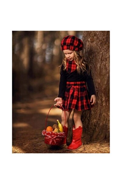 3 Çınar Kız Çocuk Kırmızı Ekoseli Şapkalı Takım