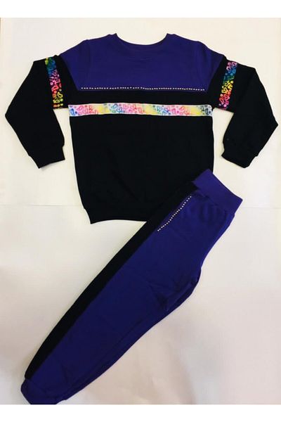 pamdo Girl's Purple Black Garnished Two Thread Pearl Anchored Tracksuit Set