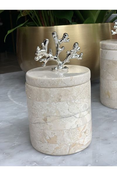 mar&more Beige Silver Coral Figured Marble Box with Lid 9 cm