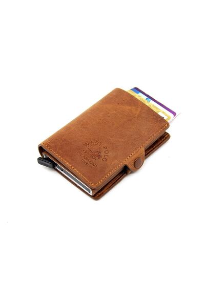 WEST POLO CÜZDAN Taba Unisex Crazy Leather Mechanism Θήκη κάρτας πορτοφολιού W05430